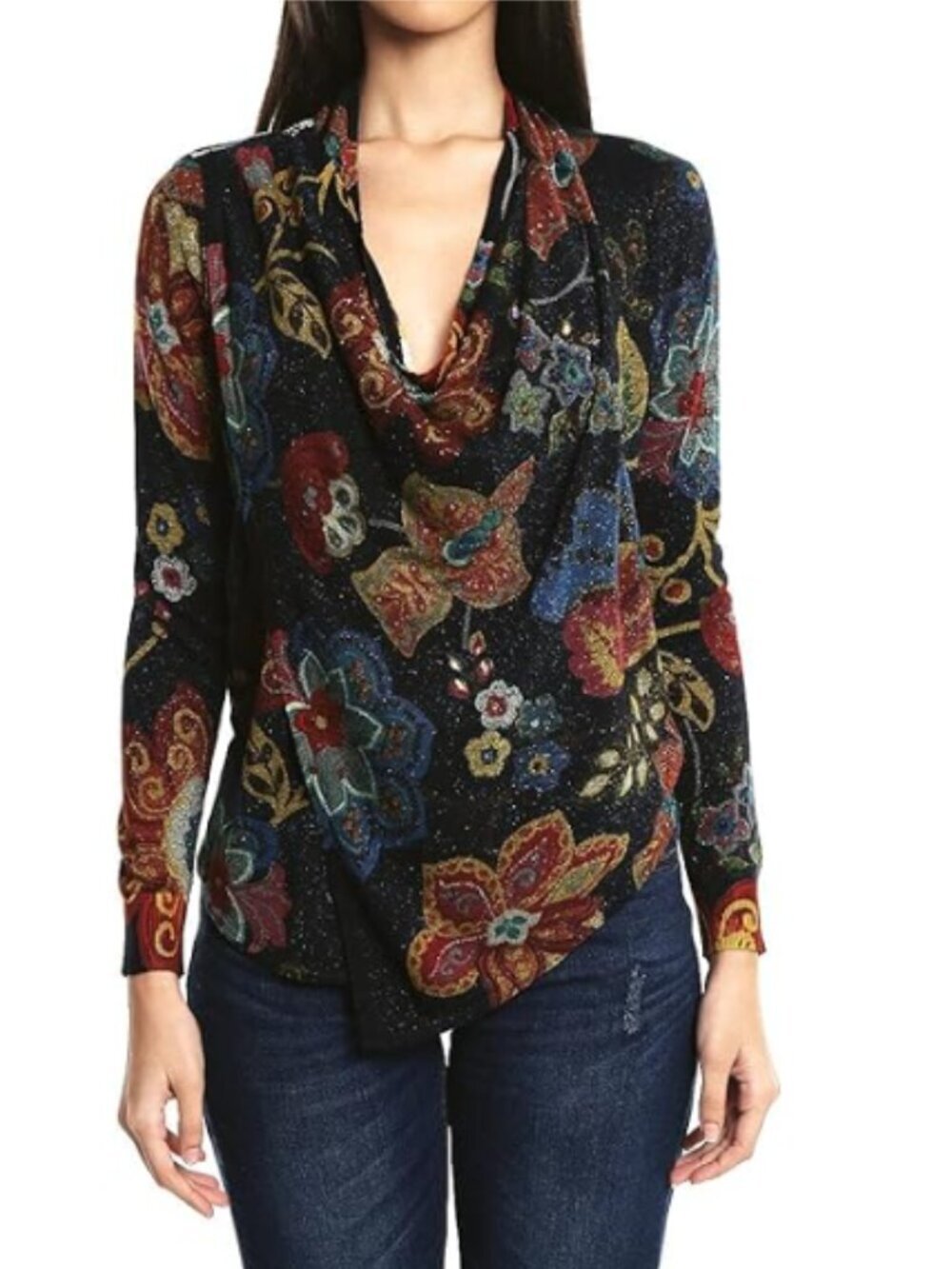 Desigual Women's Black Floral Celia Cardigan Sweater Size Large 36948
